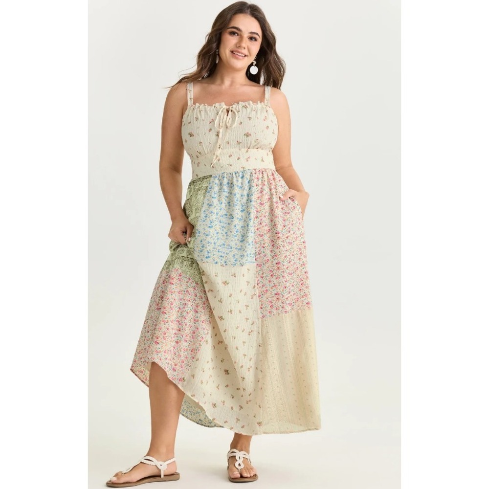 Bloomchic Floral Patchwork Print Drawstring Maxi Dress Plus Size 3X 22-24